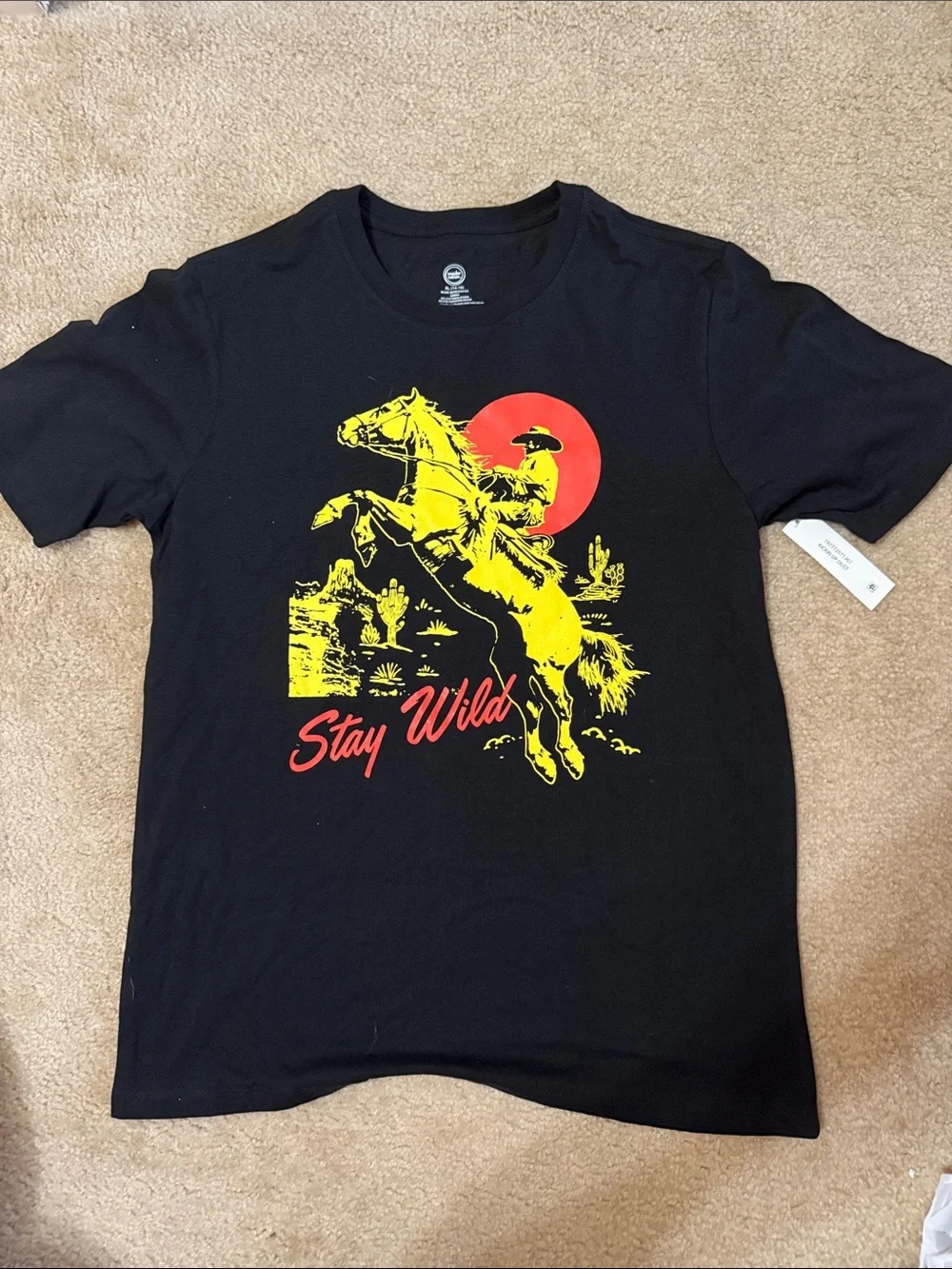 wonder nation Black Tee with‎ Yellow Cowboy & Red Sun Graphic